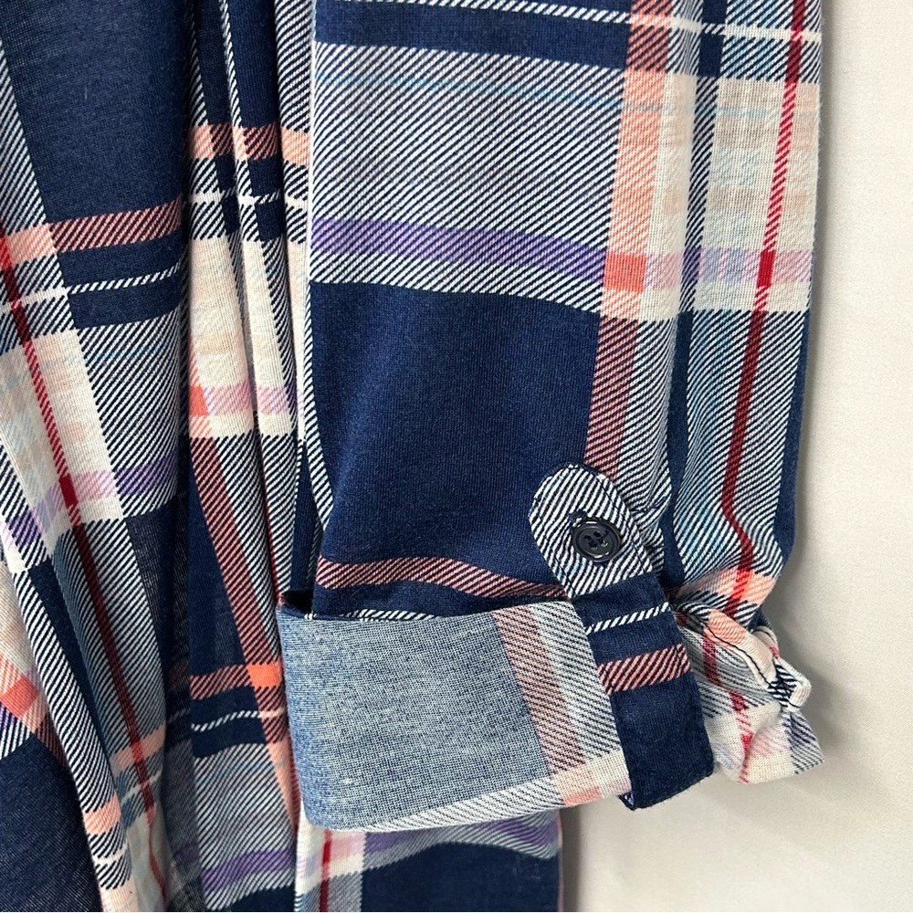 New York Laundry Womens Duster Cardigan Size 2X Open Roll Tab Sleeves Plaid Blue - Picture 5 of 7